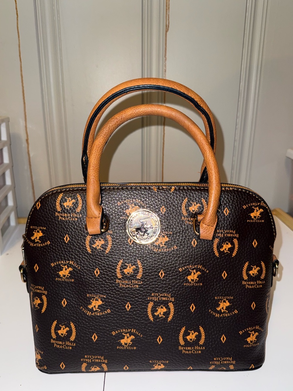 Beverly Hills Polo Club Dark Brown Satchel with Tan Handles